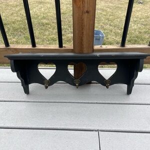 Distressed Black Wood Knickknack Hanging Wall Shelf W/ Hearts & Hooks Farmhouse